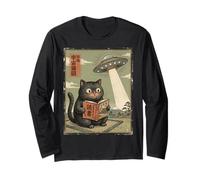 Book Lover UFO Alien Abduction Vintage Japanese Cat Maglia a Manica