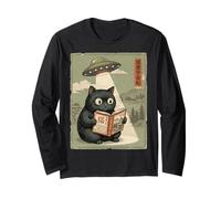 Book Lover UFO Alien Abduction Vintage Japanese Cat Maglia a Manica