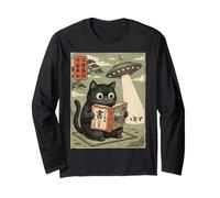 Book Lover UFO Alien Abduction Vintage Japanese Cat Maglia a Manica