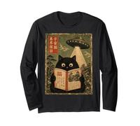 Book Lover UFO Alien Abduction Vintage Japanese Cat Maglia a Manica