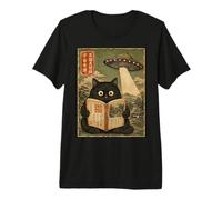 Book Lover UFO Alien Abduction Vintage Japanese Cat Maglietta Premium