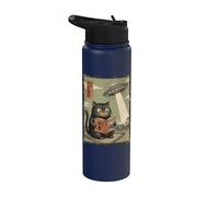 Book Lover UFO Alien Abduction Vintage Japanese Cat Stainless Steel Insulated Water Bottle