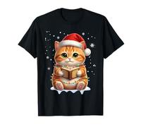 Book Reader Cat Christmas Santa Hat Funny Cat Reading Lover Maglietta