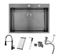 BoomHoze Lavello Nero Antracite 75 x 45 cm + Rubinetto cucina con Doccetta Estraibile Grigio Nero, Lavello Cucina con Gocciolatoio e Sifone, Lavello Cucina 1 Vasca Quadrata, Lavello Incasso con 2 Fori