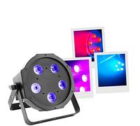 BoomToneDJ FlatPAR 5X5W 4in1 RGB-UV Proiettore LED multicolore con DMX 512. Modalità automatica, rilevamento musicale. Telecomando IR incluso. Link alimentazione. Illuminazione palcoscenico, serate