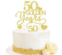 BOOMTOP 7pz Decorazione Torta 50 Anniversario Matrimonio Cake Topper Torta 50 Years Golden in Carta Glitter Decorazione Torta Nozze d’Oro 50 Anniversario Matrimonio Oro