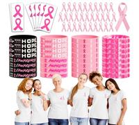 BOOMTOP 80pz Accessori per Cancro al Seno 32 Spille di Nastro Rosa con Fiocco 32 Braccialetti in Silicone 16 Tatuaggi Temporanei Rosa Accessori Rosa di Ottobre per Consapevolezza del Cancro al Seno
