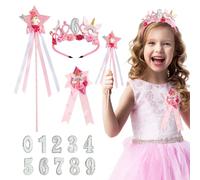BOOMTOP Costume Compleanno Bambina: Cerchietto Corona, Distintivo, Bacchetta Magica con Stella - Accessori Unicorno per Festa