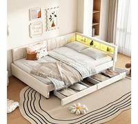 boorbin 140 x 200 cm, lettino da giorno, divano letto, vano portaoggetti sul letto, USB + tipo C, telecomando per luce ambientale a LED, (senza materasso), lino (beige)