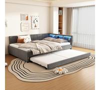 boorbin 140 x 200 cm, letto giornaliero, vano portaoggetti + USB/C, luce ambientale a LED, letto estraibile, lino grigio, rete a doghe (senza materasso) (grigio)