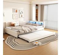 boorbin 140 x 200 cm, letto giornaliero, vano portaoggetti + USB/C, luce ambientale a LED, letto estraibile, lino grigio, rete a doghe (senza materasso) (beige)