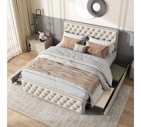 boorbin 140 x 200 cm, letto matrimoniale con quattro cassetti, testiera regolabile in altezza, rete a doghe in legno, lino, beige