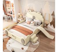 boorbin 140 x 200 cm, letto per bambini, lettino per orso, dotato di scivolo e scala, materiale PU, facile da pulire, forma carina (beige)