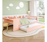 boorbin 140 x 200 cm, letto piano in legno, con scrivania, con letto a rotelle, letto matrimoniale (senza materasso), con ripiani, pino+truciolato (rosa)