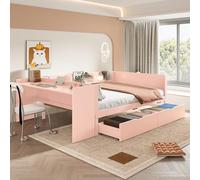 boorbin 140 x 200 cm, letto piano in legno, con scrivania, dotato di 2 cassetti, letto matrimoniale (senza materasso), con ripiani, pino e truciolato (rosa)