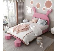 boorbin 140 x 200, letto imbottito con due sgabelli, illuminazione da comodino a LED, senza materasso, letto per ragazzi, testiera regolabile in altezza, velluto, rosa