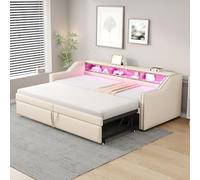boorbin 90/180 x 200 cm, letto imbottito, divano letto allungabile, vano portaoggetti multifunzione, luce LED e presa USB, con rete a doghe (beige)