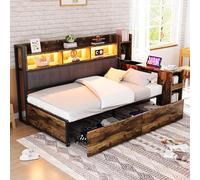 boorbin 90 x 200 cm divano letto in ferro, con versatili scomparti e armadietti, prese multifunzionali e illuminazione a LED, completo di grandi cassetti e scrivania (colore legno)