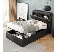 boorbin 90 x 200 cm, elegante letto imbottito, letto idraulico, supporto per testiera nascosto, ripiano per letto in poliuretano, con rete a doghe e testiera, senza materasso (nero)