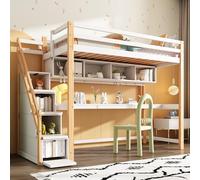 boorbin 90 x 200 cm, letto a soppalco con scala in legno di pino, letto a castello, culla con grande scrivania e ripiani, colori ecologici (naturale + bianco)