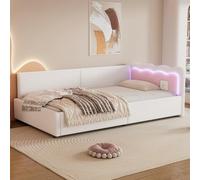 boorbin 90 x 200 cm, letto giornaliero, divano letto, luce ambientale a LED con telecomando, letto con rete a doghe (senza materasso), finto tessuto non tessuto (bianco)