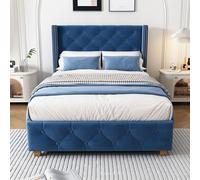 boorbin 90 x 200 cm, letto imbottito con rete a doghe e testiera, imbottitura a bottoni, imbottitura rivetti, gambe in legno, velluto (blu)