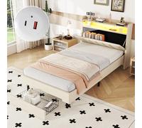 boorbin 90 x 200 cm, letto imbottito, lampada termica a LED, presa USB, testiera pieghevole, vano portaoggetti integrato, cassapanca (beige)
