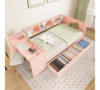 boorbin 90 x 200 cm, letto piano in legno, con scrivania, dotato di 2 cassetti, letto singolo (senza materasso), con ripiani, pino+truciolato (rosa)