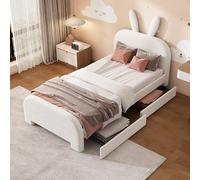 boorbin 90 x 200 cm, letto piatto, imbottito, resistente lana di pecora, a forma di coniglio, due cassetti (bianco-1)