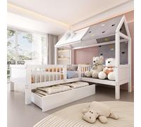 boorbin 90x200 Culla a forma di casa in legno, letto singolo multifunzionale, con tessuto e cuscino, cassetti inferiori, senza materasso, bianco