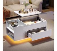 boorbin 95 x 48 x 42 cm, tavolino da caffè regolabile in altezza, con spazio nascosto, tavolino con luce a LED, tavolo da soggiorno con cassetto, tavolo da divano con presa elettrica (bianco)