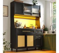 boorbin Armadio da cucina, alto armadietto a buffet con ripiani regolabili, armadio da pranzo con 3 cassetti, credenza con illuminazione a LED, in rattan sintetico, nero