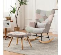 boorbin Comoda sedia a dondolo colorata, altezza 93 cm, larghezza seduta 43 cm, include 1 poggiapiedi (49 x 38 x 37 cm) e 1 cuscino lombare, struttura stabile in legno di gomma, design multicolore