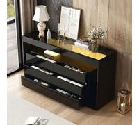 boorbin Credenza, 6 cassetti grandi, lastra in vetro temperato, design a doppio strato, a LED lucido, nero, molto spazio, universale