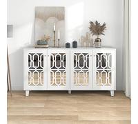 boorbin Credenza bianca a specchio con manici in cristallo fresco, quattro ante, con laminato mobile, per soggiorno e sala da pranzo (bianco, 160 x 40 x 84 cm)