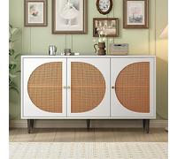 boorbin Credenza con 3 ante decorate in rattan, comò con maniglie in metallo, per camera da letto, soggiorno, ufficio, 129,8 x 40 x 76 cm (bianco)
