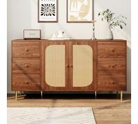 boorbin Credenza in rattan, credenza con cassetto, armadio indipendente in legno, cucina, casa, soggiorno, marrone, 160 x 40 x 90 cm