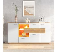 boorbin Credenza moderna con ampio spazio di archiviazione, con illuminazione a LED, 2 ante, 4 cassetti, ripiano in vetro, effetto legno, mobili da soggiorno, cassettiera, armadio multiuso (colore