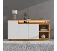 boorbin Credenza multifunzione, lunghezza 140 cm, bianco e finto legno, con illuminazione a LED