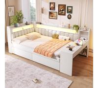 boorbin Daybed imbottito 140x200 con porte USB e cintura LED, con scrivania e 2 cassetti (bianco)