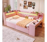 boorbin Daybed imbottito 140x200 con porte USB e cintura LED, con scrivania e 2 cassetti (rosa)
