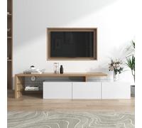 boorbin Design moderno del mobile TV: elegante eleganza, pratico spazio di archiviazione, bianco lucido, effetto legno, pavimenti in vetro, illuminazione a LED (colore bianco+legno, 197,5 x 39 x 42