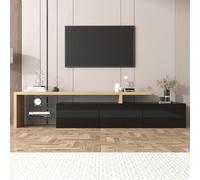 boorbin Design moderno del mobile TV: elegante eleganza, pratico spazio di archiviazione, nero lucido, effetto legno, ripiani in vetro, illuminazione a LED (nero+colore legno, 197,5 x 39 x 42 cm)