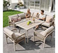 boorbin Divano da giardino a forma di L per 8 persone/struttura in ferro con cuscino beige/include 1 tavolo con piano in vetro effetto legno e 2 poltrone intrecciate a mano, resistente alle intemperie