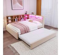 boorbin Divano letto 140 x 200, letto estraibile 90 x 190, dotato di luci LED, prese e molti scomparti, letto imbottito, divano letto multiuso, letto singolo, flanella (beige)