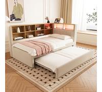 boorbin Divano letto 90 x 200, letto estraibile 90 x 190, dotato di luci LED, prese e molti scomparti, letto imbottito, divano letto multiuso, letto singolo, flanella (beige)
