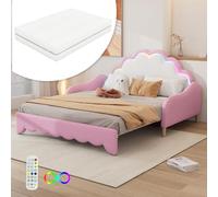 boorbin Divano letto convertibile in un letto piatto, testiera con luce ambientale, completo di materasso, telecomando (rosa, 140 x 200 cm)