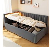 boorbin Divano letto imbottito 90 x 200 cm, con illuminazione a LED e spazio idraulico, design classico a righe verticali, testiere laterali con posizioni intercambiabili (grigio)
