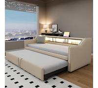 boorbin Divano letto imbottito allungabile 90/180 x 190 cm, vano portaoggetti multifunzionale, luce LED e presa USB, con rete a doghe (beige)