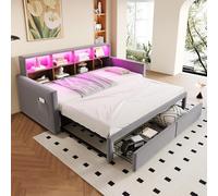 boorbin Divano letto imbottito estraibile 90/180 x 190 cm, testiera con scomparti integrati, striscia luminosa a LED e prese di ricarica, con due cassetti e rete a doghe, tessuto in velluto (grigio